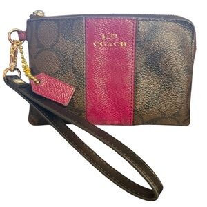 Coach Signature Dark Brown and Black with Purple/Magenta Accent Wristlet